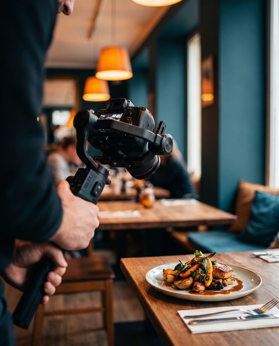 A videographer filming a plated dish in a warm cafe — AI-generated by Swift Digital